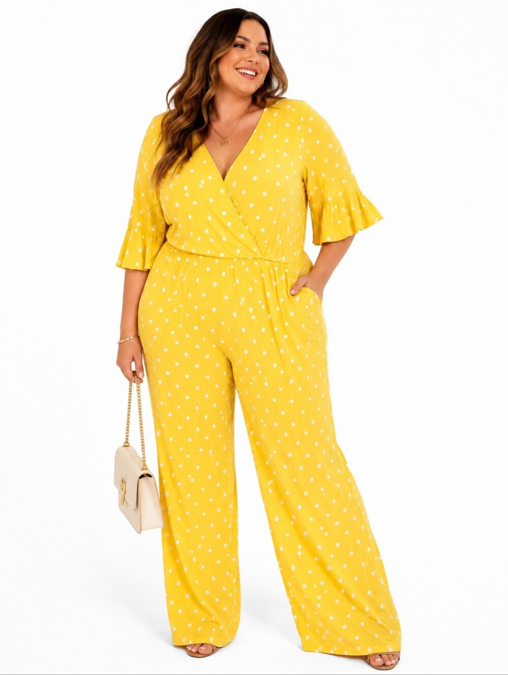 Colleen Lopez Womens Polka Dot Pocket Jumpsuit Stretch V-Neck 3X Casual Chic EUC
